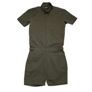 ROMPERJACK Olive Romper One Piece Shorts Pockets Button Down Preppy Men's Small